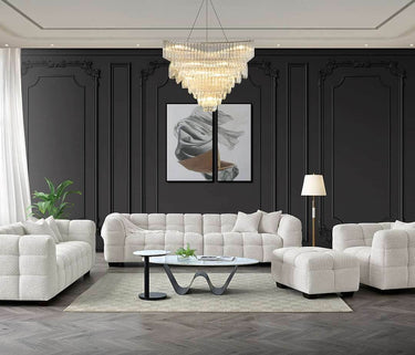Luxury Tribeca Sofa in Soft Oatmeal Boucle Fabric - Contemporary Chesterfield Design with Deep Channel Stitching - UK Luxury Furniture